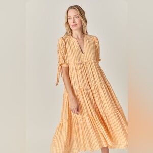 English factory Gingham Tiered Midi Dress Bow Tie Sleeves Orange XS pockets pink